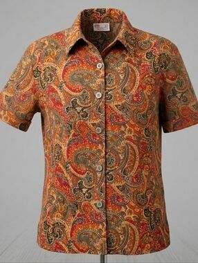 Vintage Tradition Paisley Orange & Green Women's Short Sleeve Blouse Size M-L